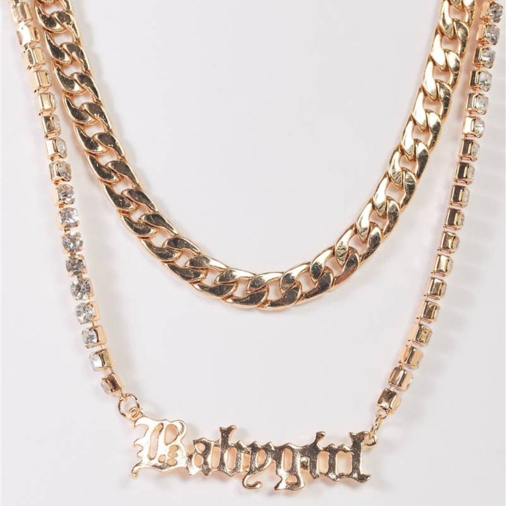 "Babygirl" Gold Chunky & Rhinestone Box Chains Set Necklace